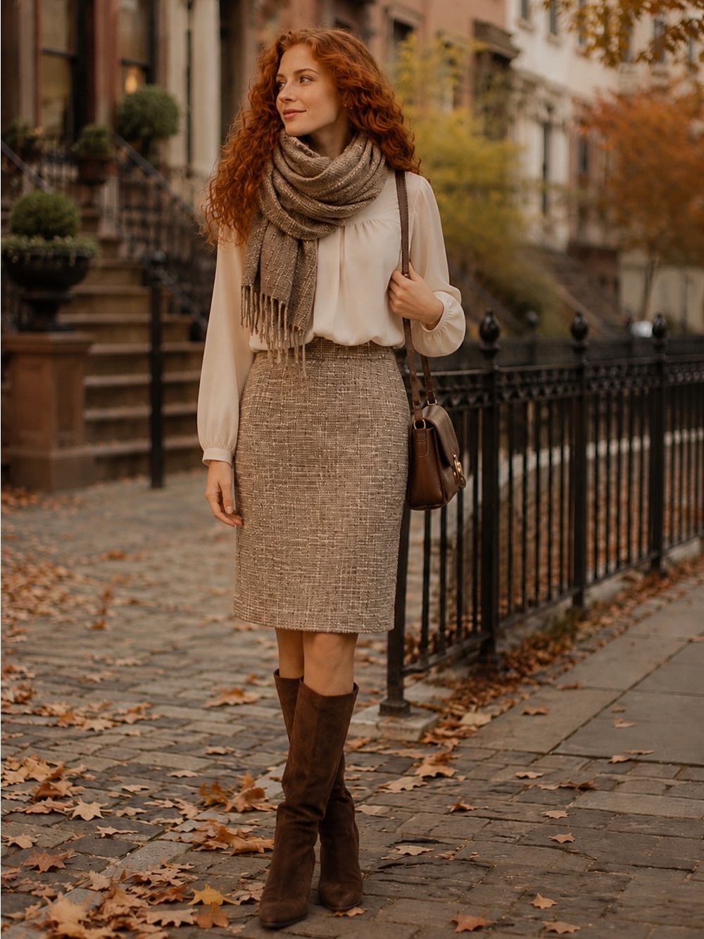 Dahlia Collection Taupe Tweed Pencil Skirt - Elegant Fall Workwear